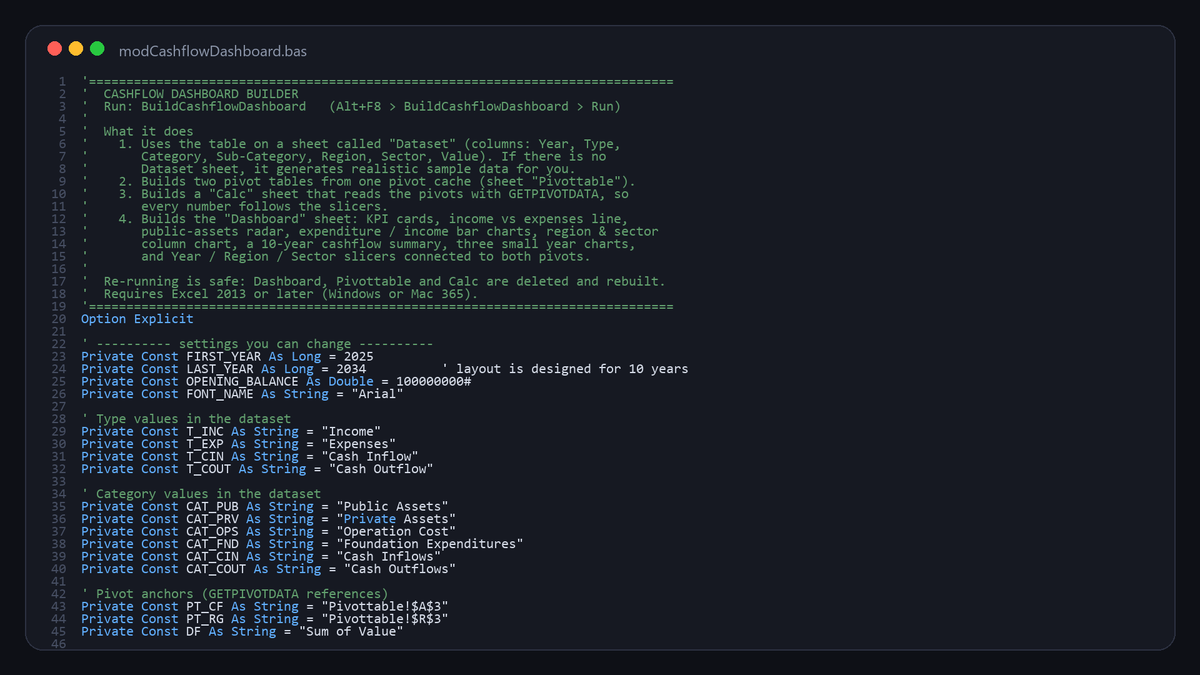 The BuildCashflowDashboard VBA module and its settings block