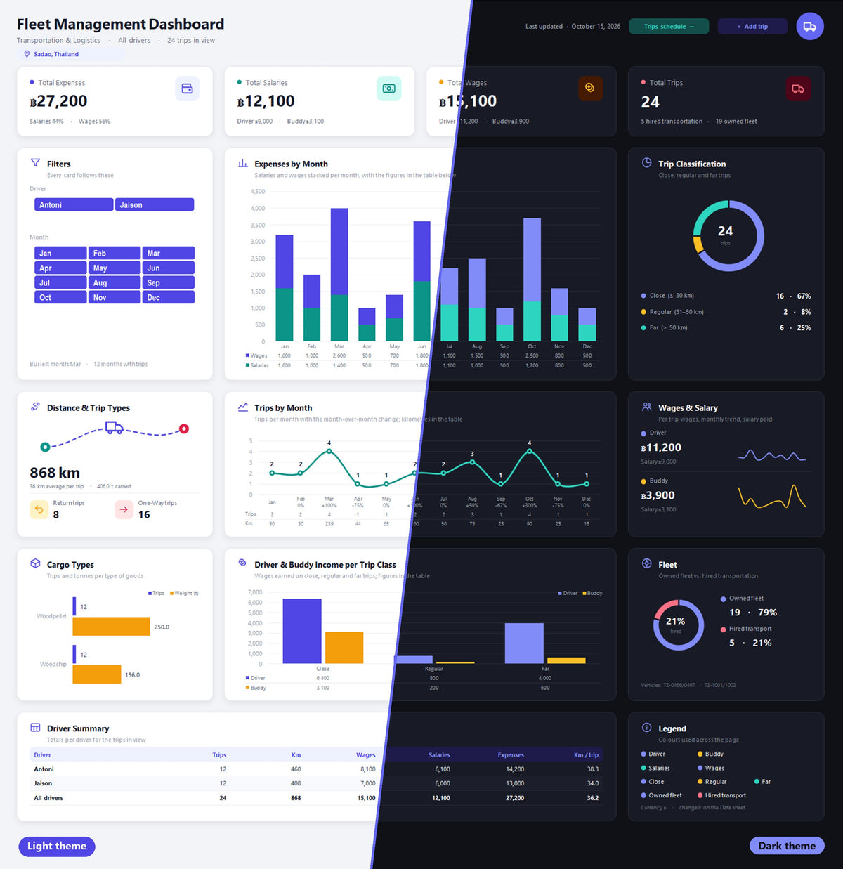 Fleet Management Excel dashboard shown in its light and dark themes, with expenses, salaries, wages, trips by month, trip classes and the fleet split