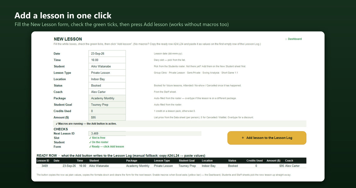 New Lesson form in the Golf Coach Excel dashboard, with slot and roster checks and a one-click Add lesson button