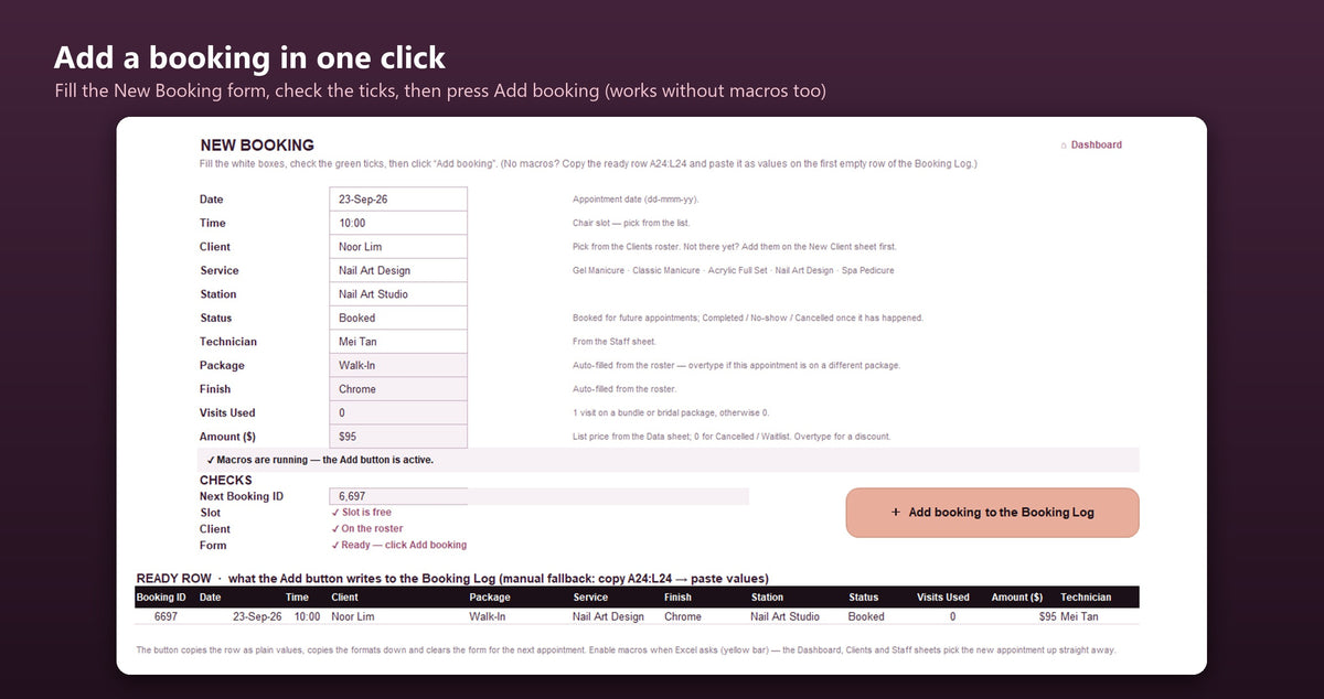 New Booking form in the Nail Studio Excel dashboard, with chair slot and client roster checks and a one-click Add booking button