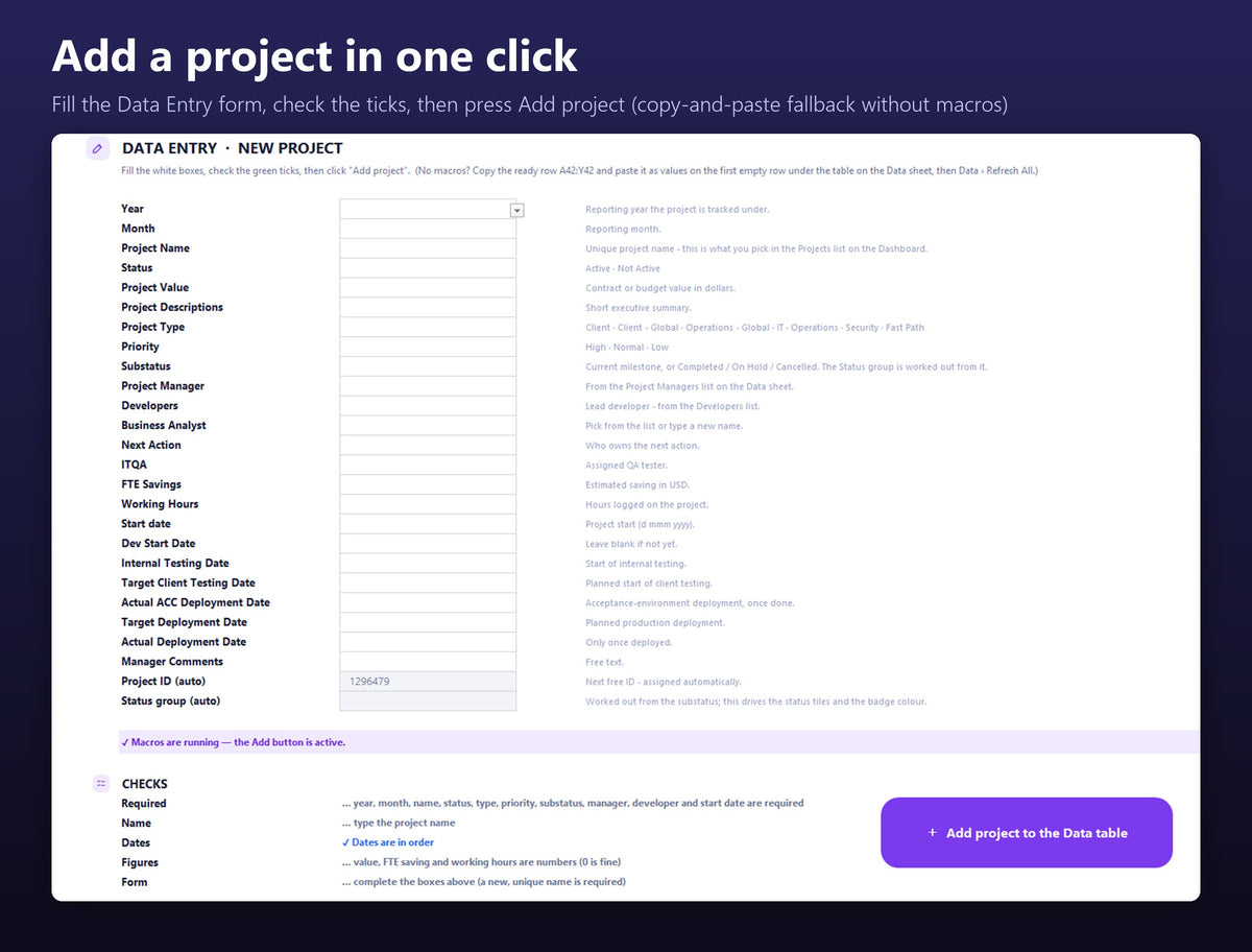Data Entry form in the Project Control Excel dashboard, with required-field, name, date and figure checks and a one-click Add project button