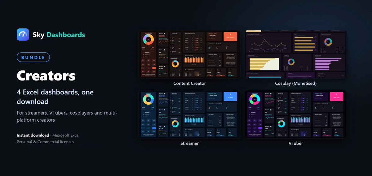 Sky Dashboards Creators bundle: Content Creator, Cosplay, Streamer and VTuber Excel dashboards