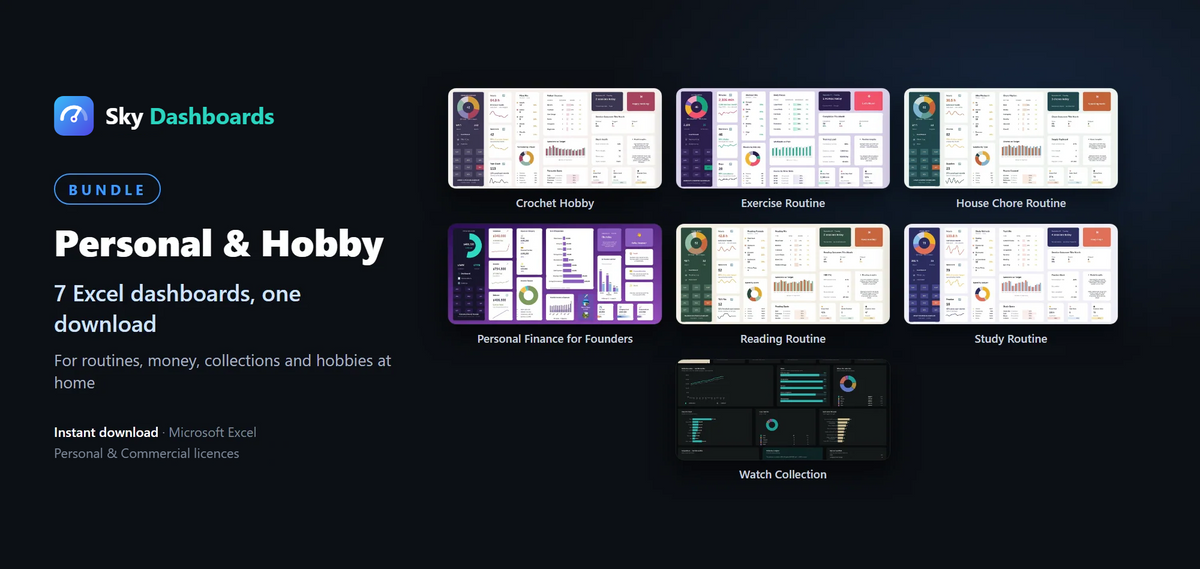 Sky Dashboards Personal & Hobby bundle: 7 Excel dashboards for finance, fitness, study, reading, chores, crochet and watches