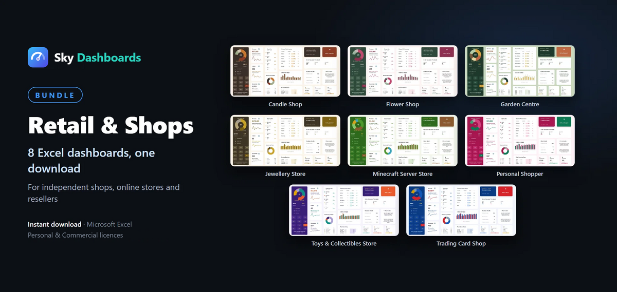 Sky Dashboards Retail & Shops bundle: 8 Excel dashboards for candle, flower, garden, jewellery, toy, card and server stores