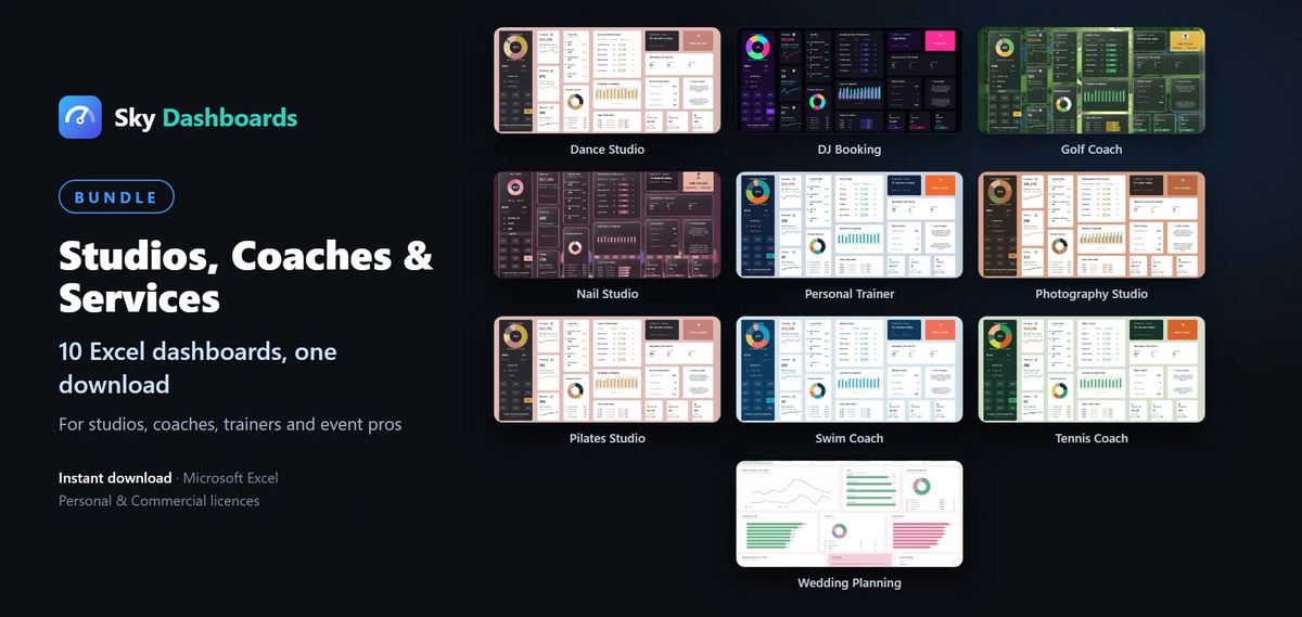 Sky Dashboards Studios, Coaches & Services bundle: 10 Excel dashboards for studios, coaches, trainers, DJs and wedding planners