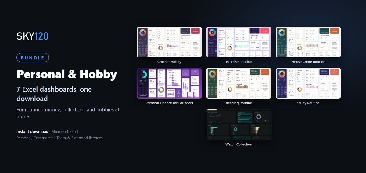 Sky Dashboards Personal & Hobby bundle: 7 Excel dashboards for finance, fitness, study, reading, chores, crochet and watches