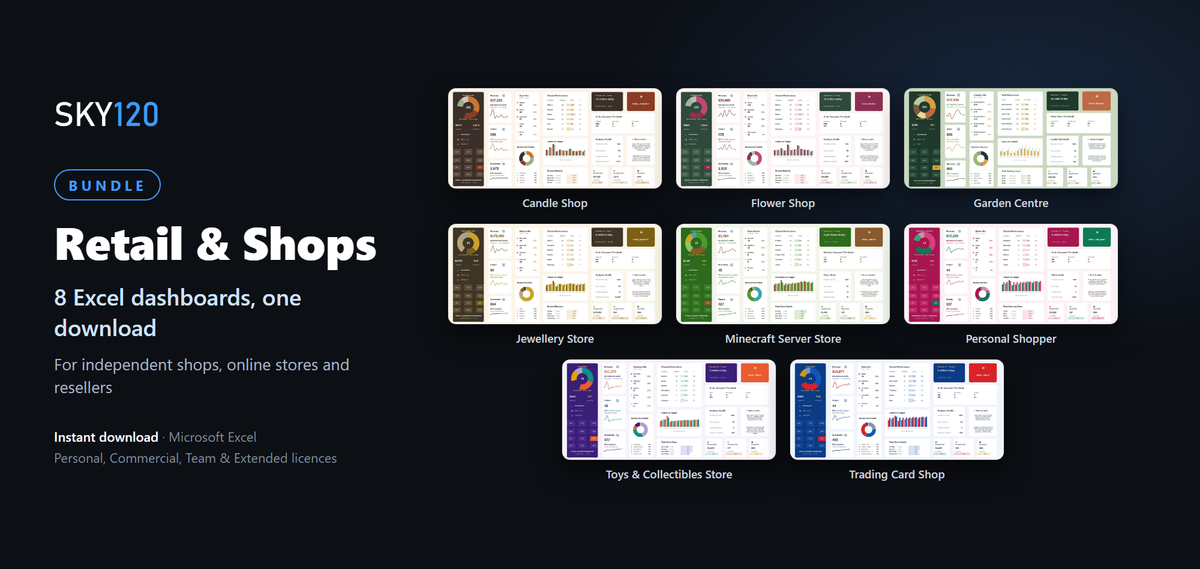 Sky Dashboards Retail & Shops bundle: 8 Excel dashboards for candle, flower, garden, jewellery, toy, card and server stores