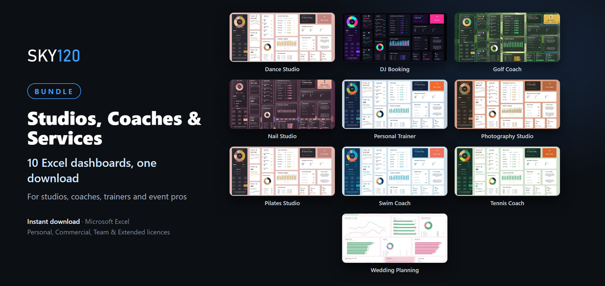 Sky Dashboards Studios, Coaches & Services bundle: 10 Excel dashboards for studios, coaches, trainers, DJs and wedding planners